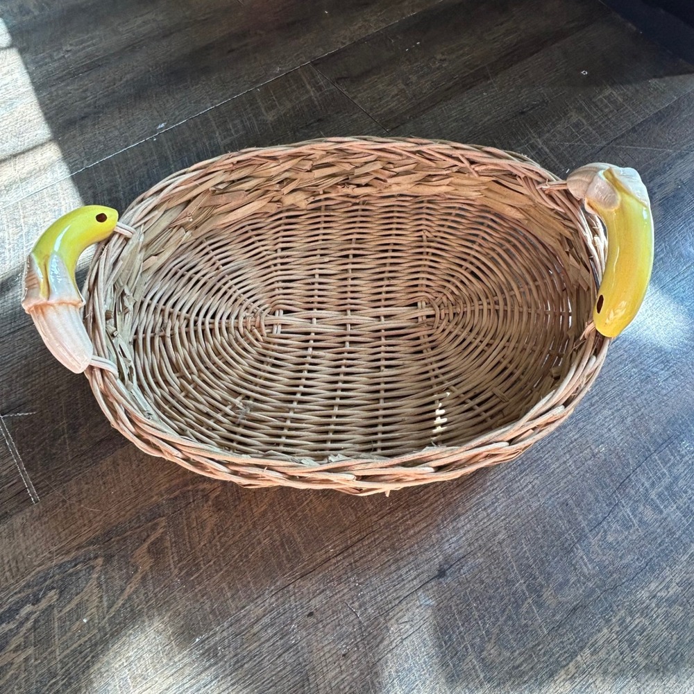 Vintage Wicker Fruit Basket with Ceramic Peeled Banana Handles Oval Tray